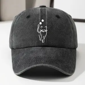 Cute cat printed baseball cap, retro washed denim curved hip hop hat, adjustable outdoor travel hat