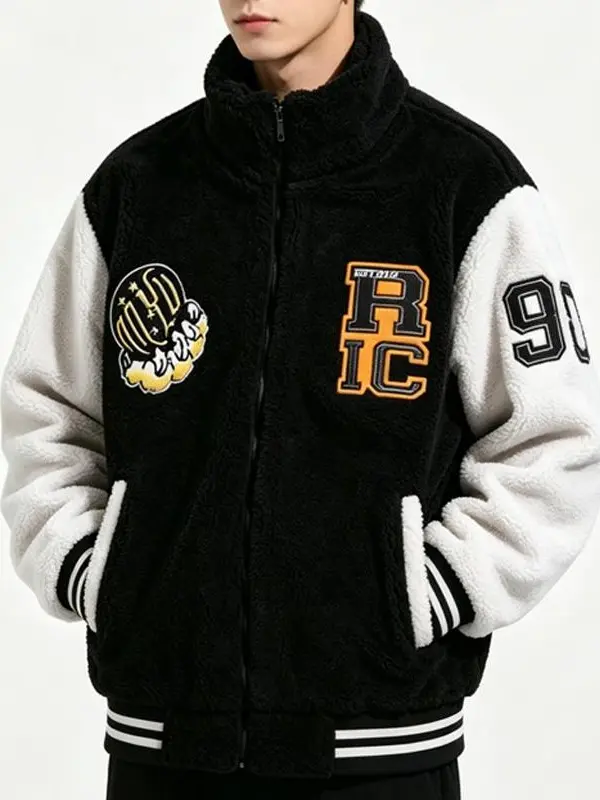 Men's Quiet Luxury Sherpa Fleece Varsity Jacket Tops - Black-White Contrast, RC Globe Letter Patch Embroidery, Stand Collar, Full-Zip Wind Lock, Smooth Plush Fabric, Thermal Casual Outerwear for Cool Seasons Travel Layering, Retro, Minimalist, Menswear