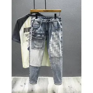 Trendy Brand Men's Jeans American Style Splicing Unique Pants Street Harlem Style Washing Fabric Color Blocking Pants
