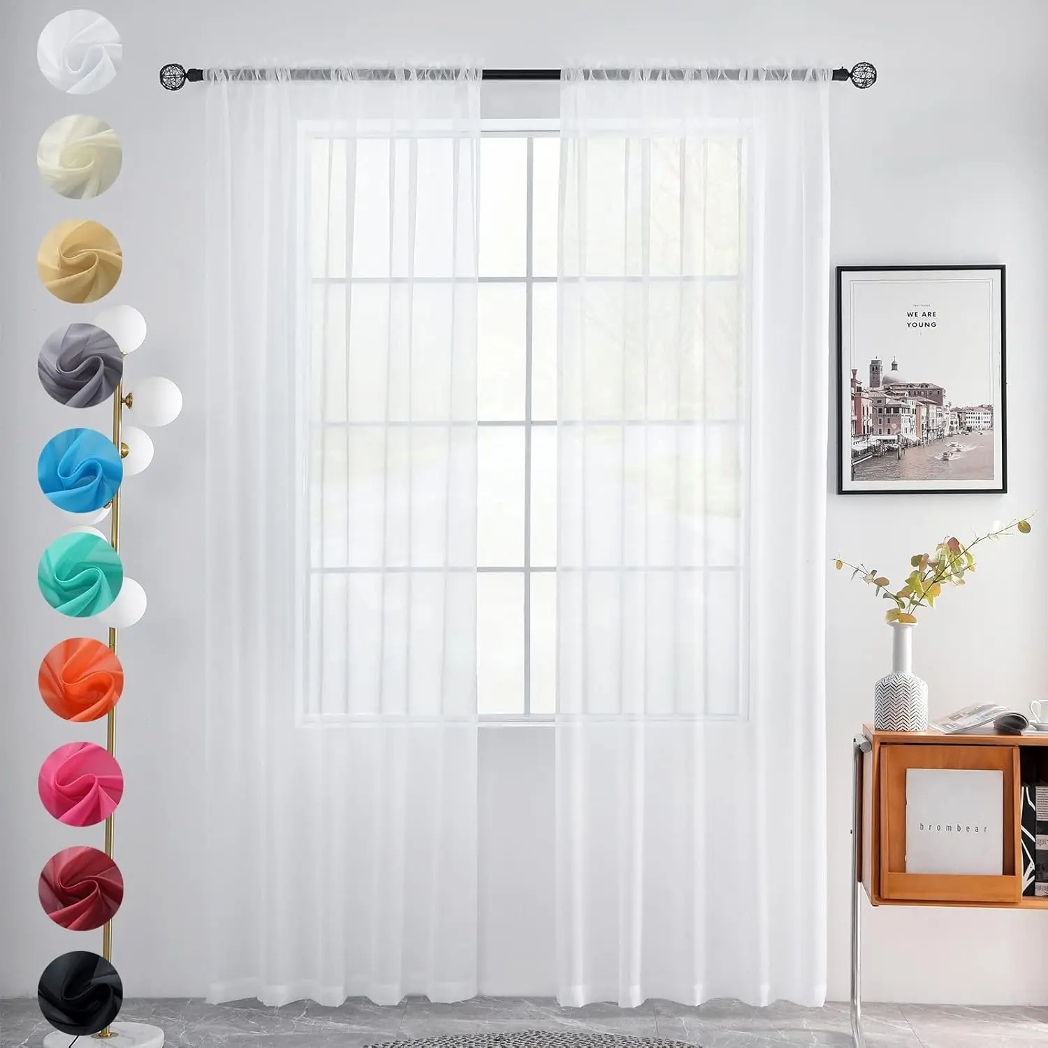 Solid Sheer Rod Pocket Curtain Voile Draperies 2 Panels White Beige Black Grey Ivory 52 Inch Width 84 Inch Long 1 Pair for Kitchen Bedroom Children Living Room Yard(White,52" Wｘ84 L)