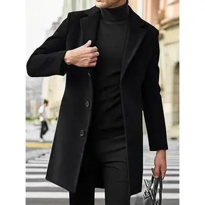 Men'S Single-Breasted Notch Lapel Trench Coat - Solid Black Business Casual Coat for Fall/Winter, Regular Fit, Versatile for Office & Casual Wear, Structured Design clothes  men fall  outfits
