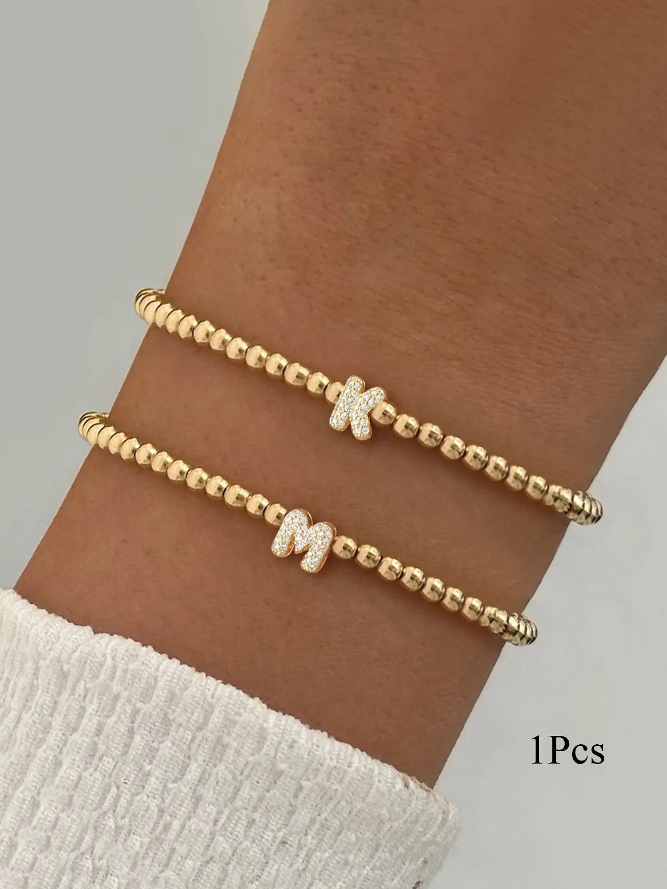 Elegant Zircon Letter Bracelet for Women, Casual Style Beaded Wristband, All-Season Accessory, Plated Copper Chain, No Choking Hazard, Zircon Inlaid Bracelet