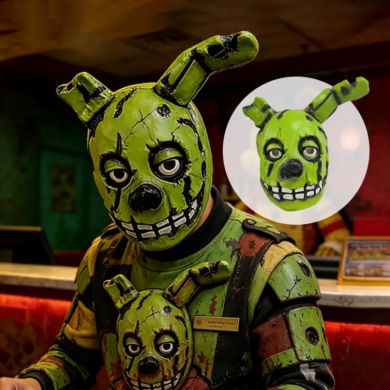 Adult FNAF Springtrap Full Face Latex Mask - Creepy Green Rabbit Prop with Cracks, Soft on Skin, Lightweight Fit, Detailed Eyes, Durable Slip-On, Horror Look, Long Cosplay Wear, Halloween Party Supplies Gift