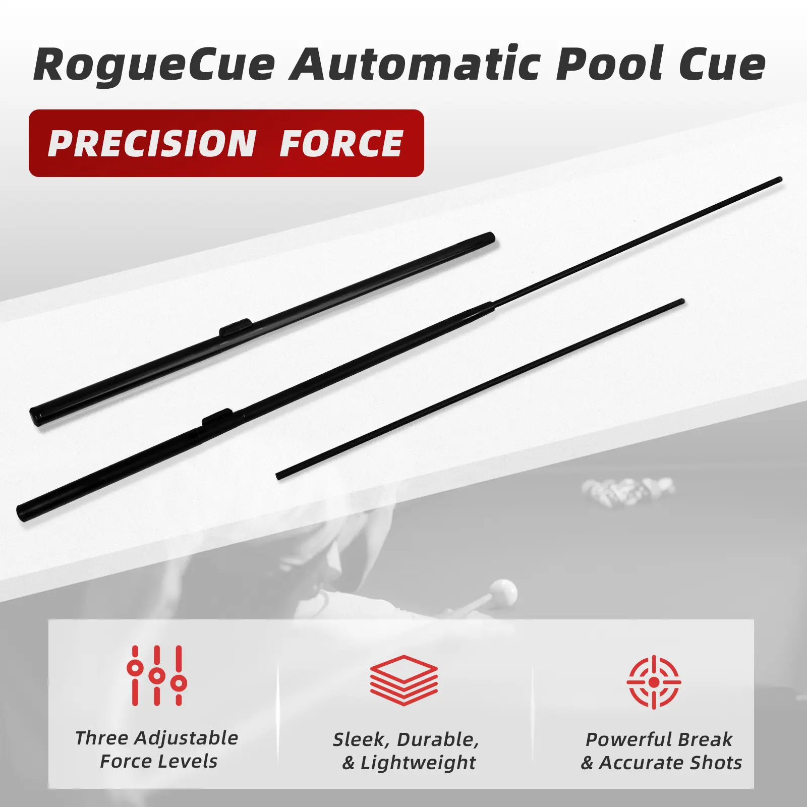 RogueCue Automatic Pool Cue, Three Force Levels Adjustable Automatic Billiards Cue for Beginners and Billiard Enthusiasts, Versatile Automatic Cue Stick Gun for Parties & Game Nights
