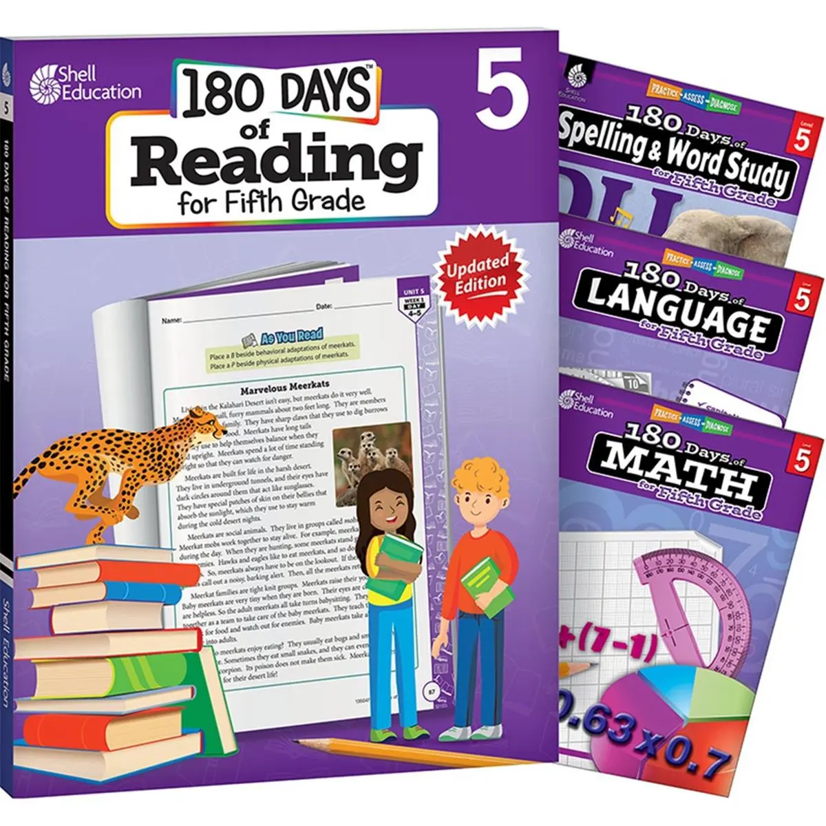 Shell Education 5th Grade 180 Days of Daily Practice Learning Books 4-Piece Workbook Set - Reading Materials, Spelling Worksheets, Language Textbook, Math Resources for Reinforcing Learning at School