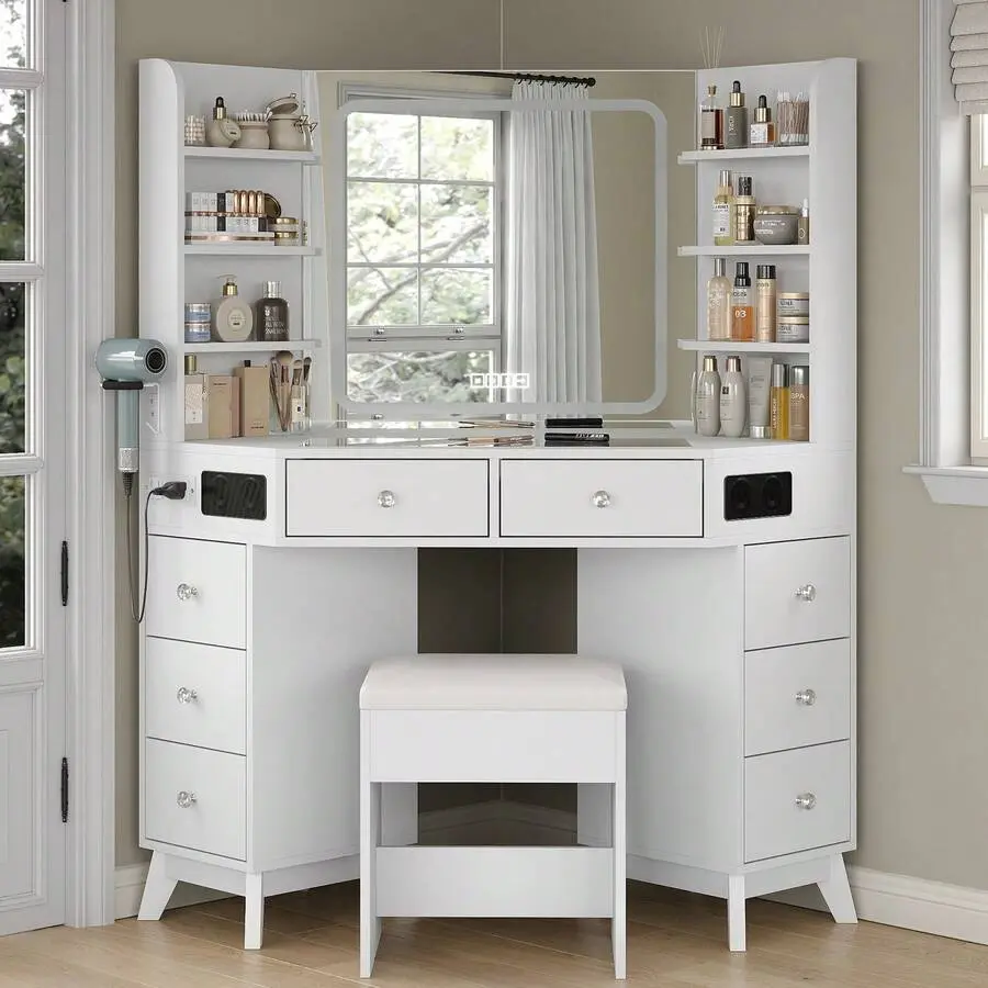 Modern L-Shaped Corner Vanity Desk *1 with Dressing Chair, Sturdy Wooden Frame, Glass Top, 3 Adjustable Lighting Modes, Built-In Bluetooth Speakers & Charging Station, 8 Drawers, 6 Shelves, MDF Wood, Assembly Required