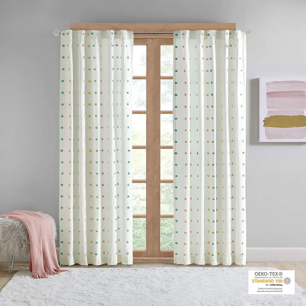 Cotton Jacquard Pom Pom Curtain Panel - Bedroom Window Curtains with Decorative White Pattern, Window Curtains Bedroom, Decorative Pattern Curtains