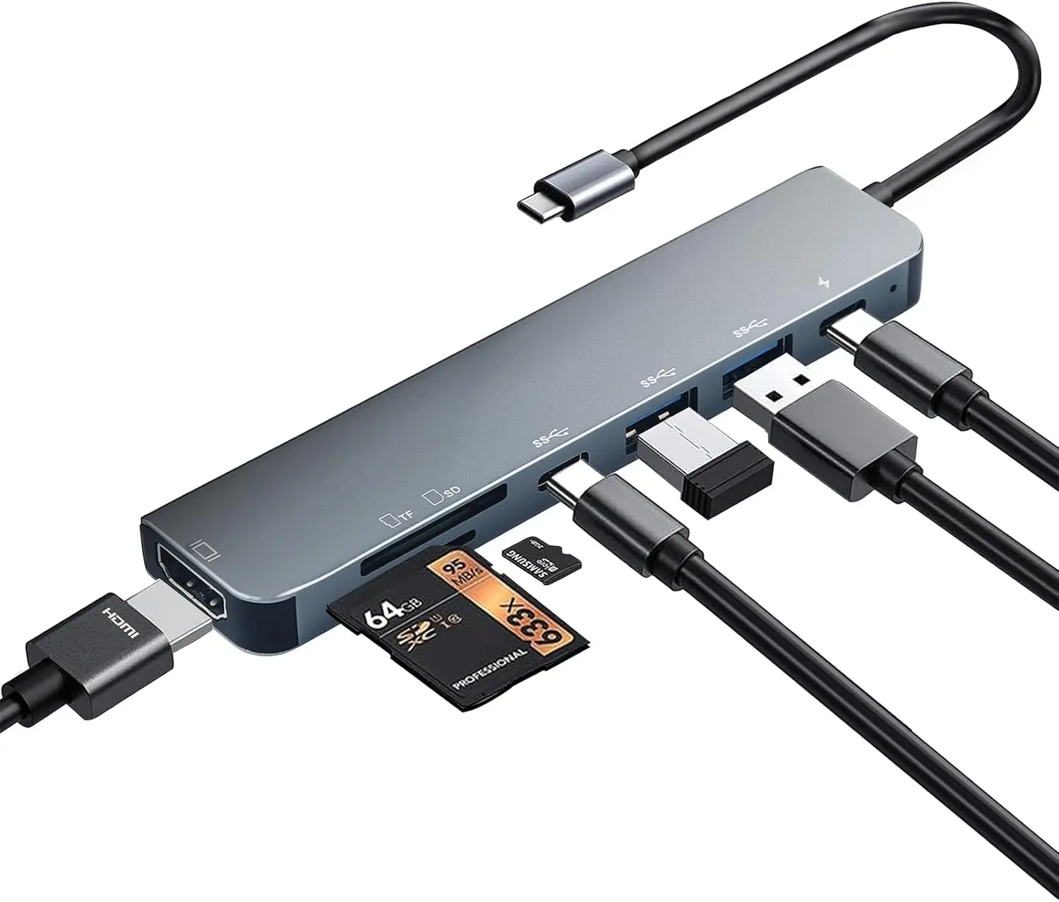 USB C Hub Multiport Adapter, 7 in 1 USBC Dongle with 4K HDMI, 100W PD Charging, USB 3.0, SD/TF Card Reader, USB-C Docking Station for MacBook Pro/Air, Chromebook, Dell, HP and Other Type C Laptops