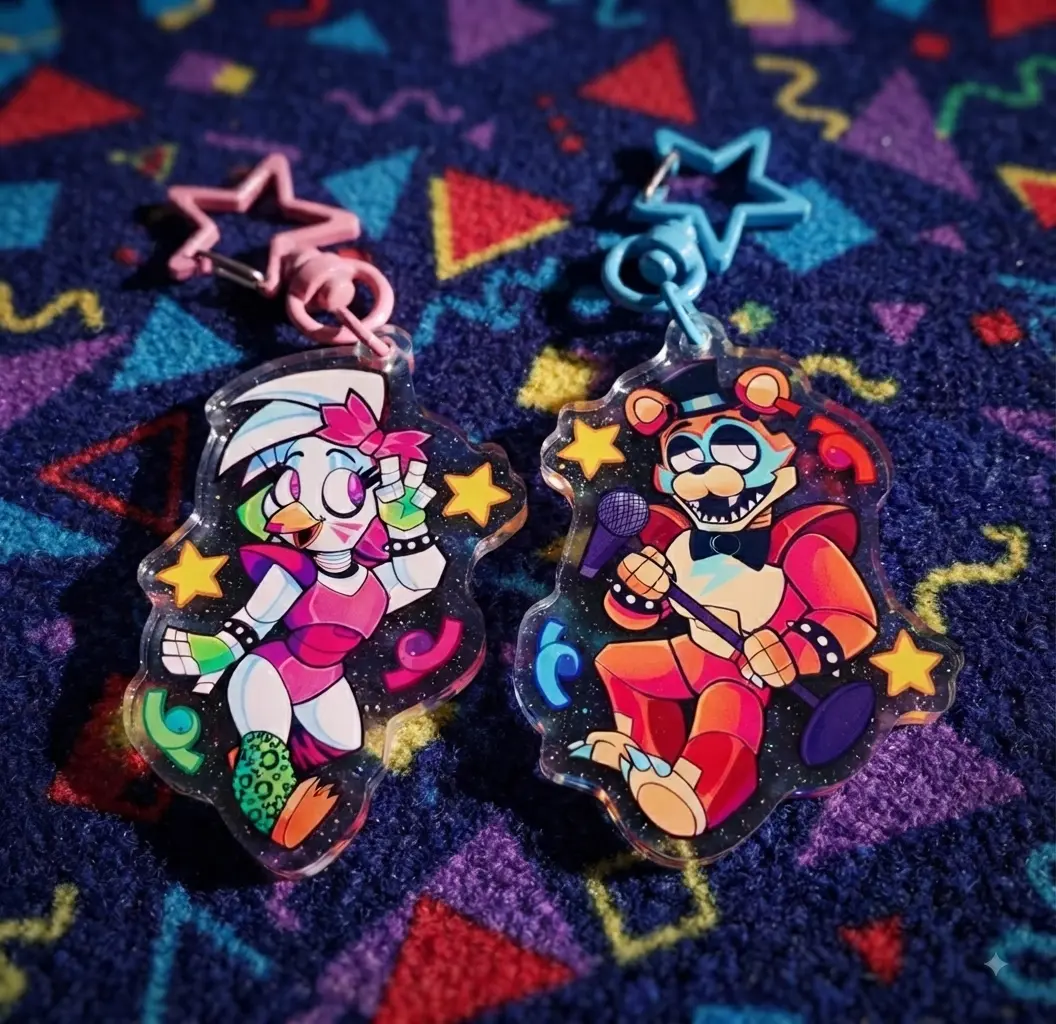 FNAF Security Breach Keychain - Glamrock Freddy & Chica Charms - Cute Acrylic Cartoon Keychain, Funny Meme Character Charm for Keys, Bags, Backpack, Durable Gift for Fans & Collectors