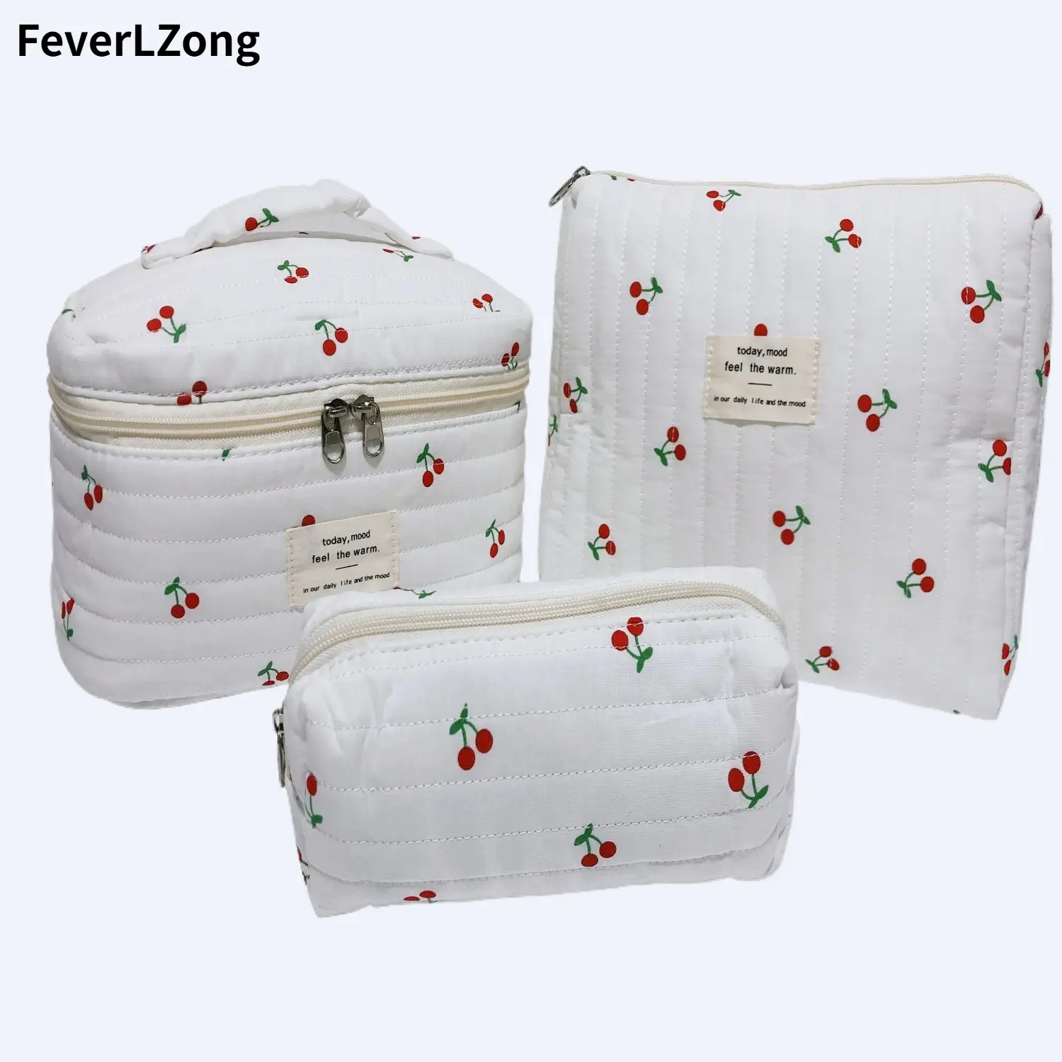 FeverLZong 3-Piece Quilted Cherry Motif Makeup Bag Set - Portable Vanity with Quilted Texture, Makeup Storage Organizer for Travel & Daily Use with Brush Pouch, 3-Piece Set, Cherry Design Make-Up Bags, Floral, Double-Layer Packaging, Cute