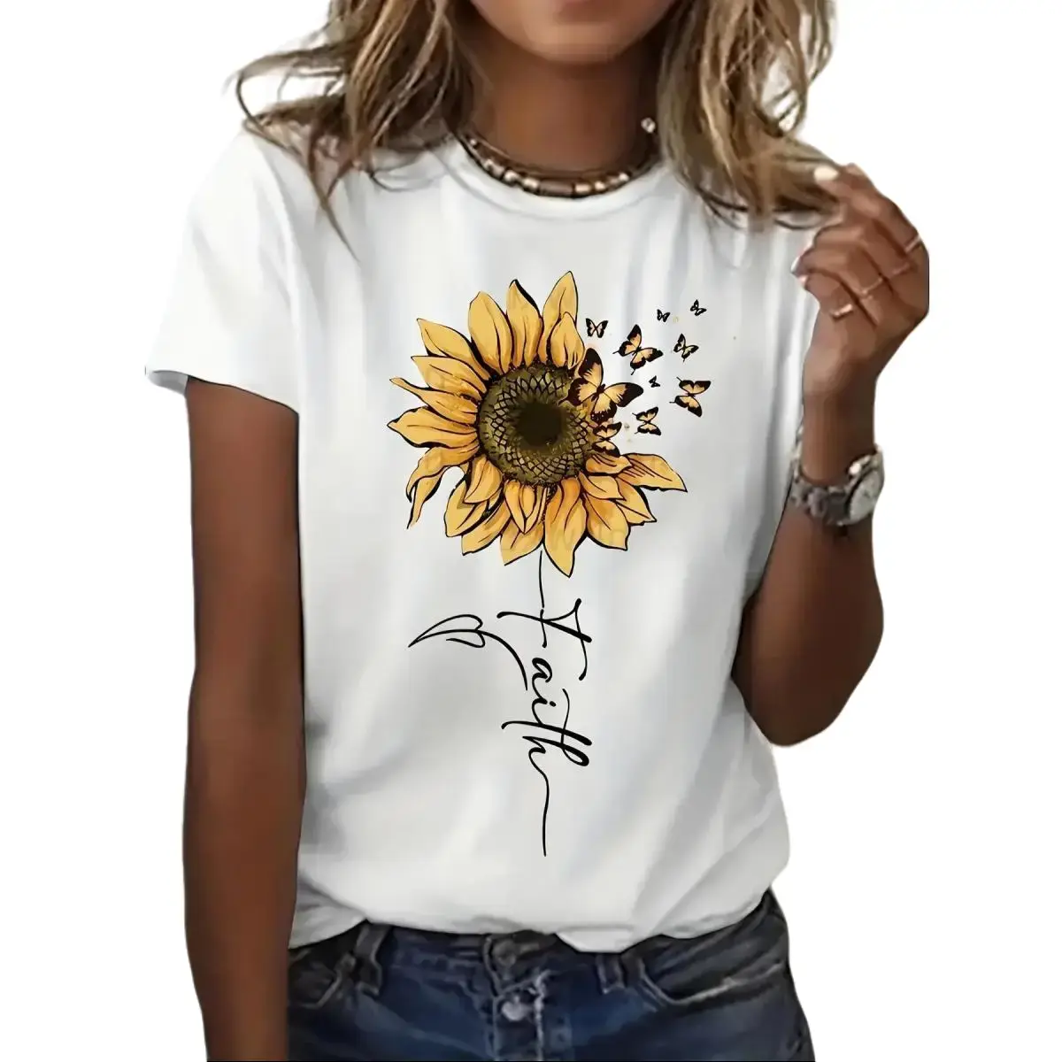 Women's Fitted Round Neck Short-Sleeve Graphic T-Shirt - Sunflower-Butterfly Digital Print, Seamless Shoulders, Cotton-Elastane Stretch Spandex Blend, Athletic, Colorful Style, Casual Daily Outfits (Jeans, Skirt)