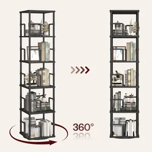 MAHANCRSI 360° Rotating Bookshelf, 5-Tier Spinning Bookcase, Industrial Style Storage Rack with Rails, Freestanding Corner Bookshelf, for Living Room, Bedroom, Study