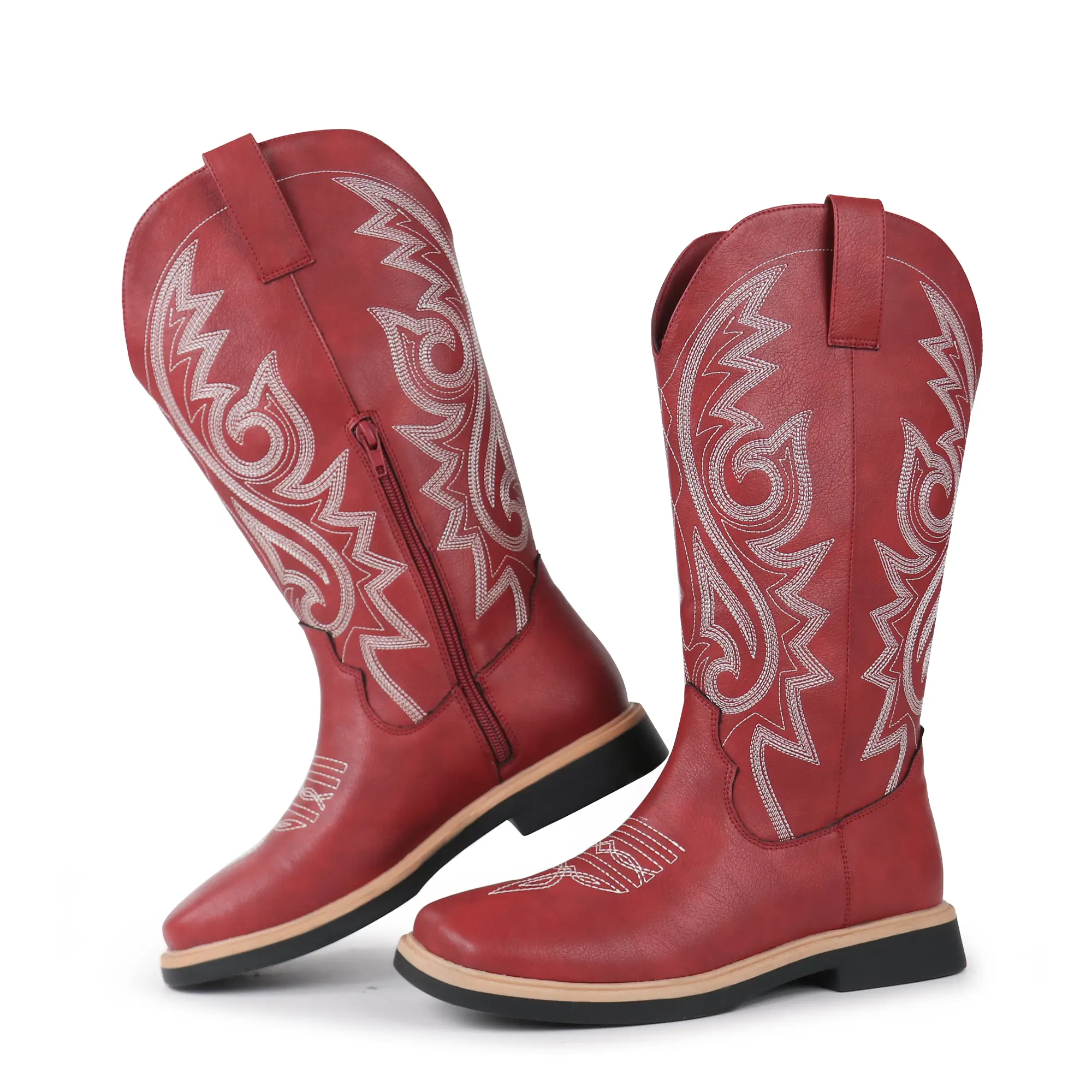 Hawkwell Women's Western Cowboy Boots, Embroidered Mid Calf Footwear with Square Toe, Low Heel, and Side Zipper