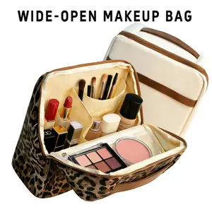 1 Count Stand-up Large Capacity Toiletry Bag, Portable Travel Makeup Organizer for Skincare & Cosmetics, Waterproof Vegan Leather Travel Bag with Sturdy Handle - Stylish Leopard/Cream, Fits on Luggage Handle, Travel Essentials