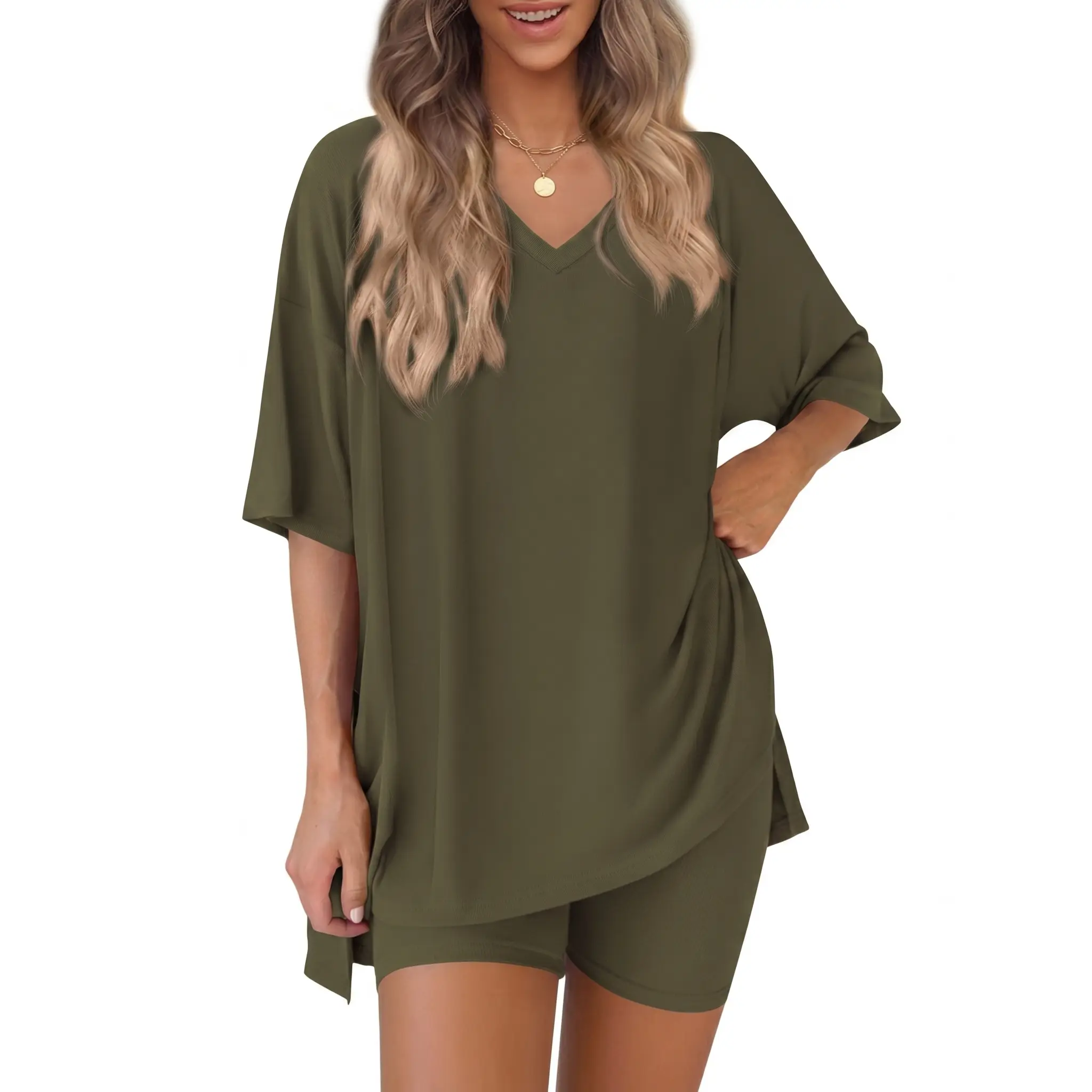 Women's 2 Piece Outfits Summer V Neck Oversized Short Sleeve T Shirt and Biker Shorts Lounge Sets Casual Activewear Tracksuits