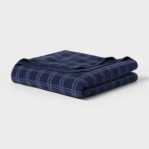 Full/Queen Brushed Cotton Blanket Navy Tonal Plaid - Threshold