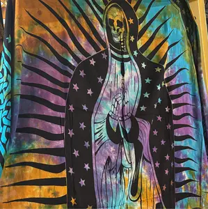 Santa Muerte Mandala Skull Tie-Dye Tapestry, 1-Piece Large-Scale Tapestry Room Decor, 72in x 108in Religious Wall Hanging, Home Decor Supplies