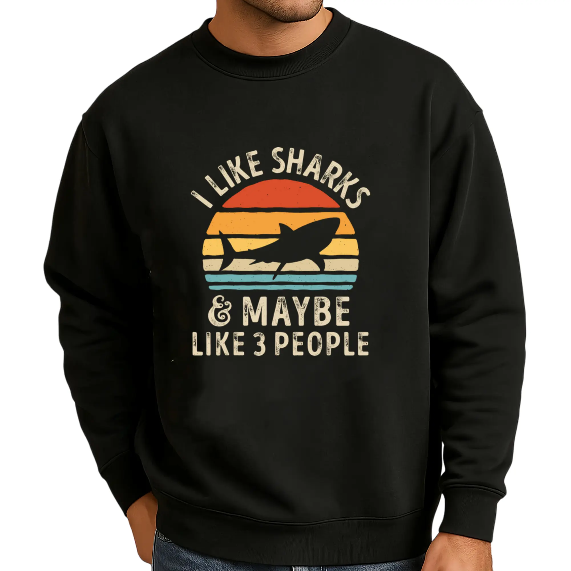 Men's Long Sleeve Shark Sweatshirt – Casual Round Neck Tee with 'I Like Sharks & Maybe Like People' Slogan, Perfect for Surf and Marine Fans, Machine Washable