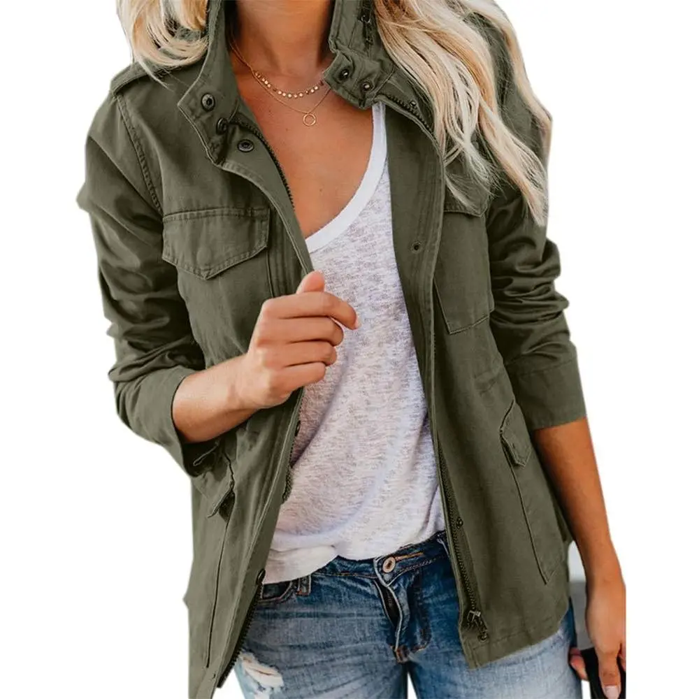 Imily Bela Womens Military Anorak Jacket Zip Up Snap Button Parka Safari Utility Coat Outwear with Pockets