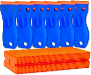 Plastic Razor Blade Scraper Tool, 6 Pcs Razor Scraper with 60 Pcs Plastic Blades, Cleaning Scraper Remover for Removal Floor Stove Scraping Labels and Decals Sticker on Car Window Glass