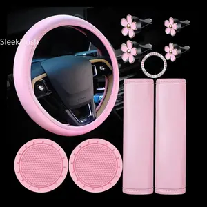 SleekHush Solid Color Car Interior Accessories Set, Auto Interior Decorations, Including Steering Wheel Protector & Coaster & Seat Belt Shoulder for Women, Pink Decoration