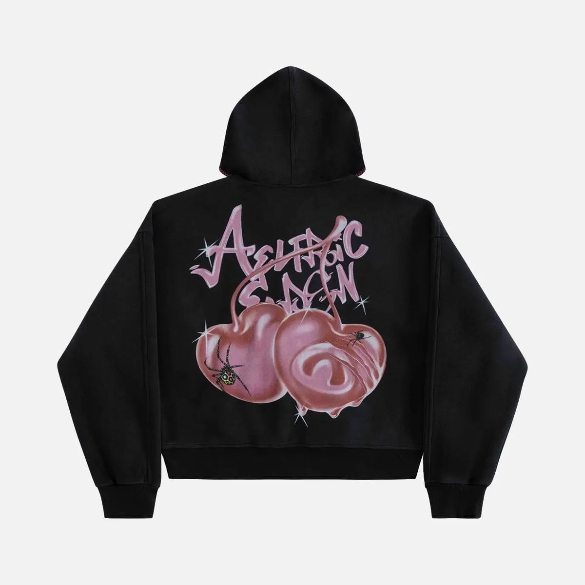 AELFRIC EDEN Unisex Goth Streetwear Hoodie with Bold Spider Cherry Graphic, Oversized Cotton Blend Zip-Up Boxy Silhouette Sweatshirt, Bold Graphic