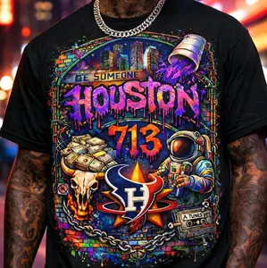 Houston 713 Graphic Tee - Vibrant Cityscape Design with Astronaut and Bull Skull Artwork