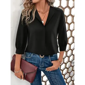 Solid V-neck Lapel Simple Blouse, Elegant Half Sleeve Blouse For Spring & Fall, Women's Clothing