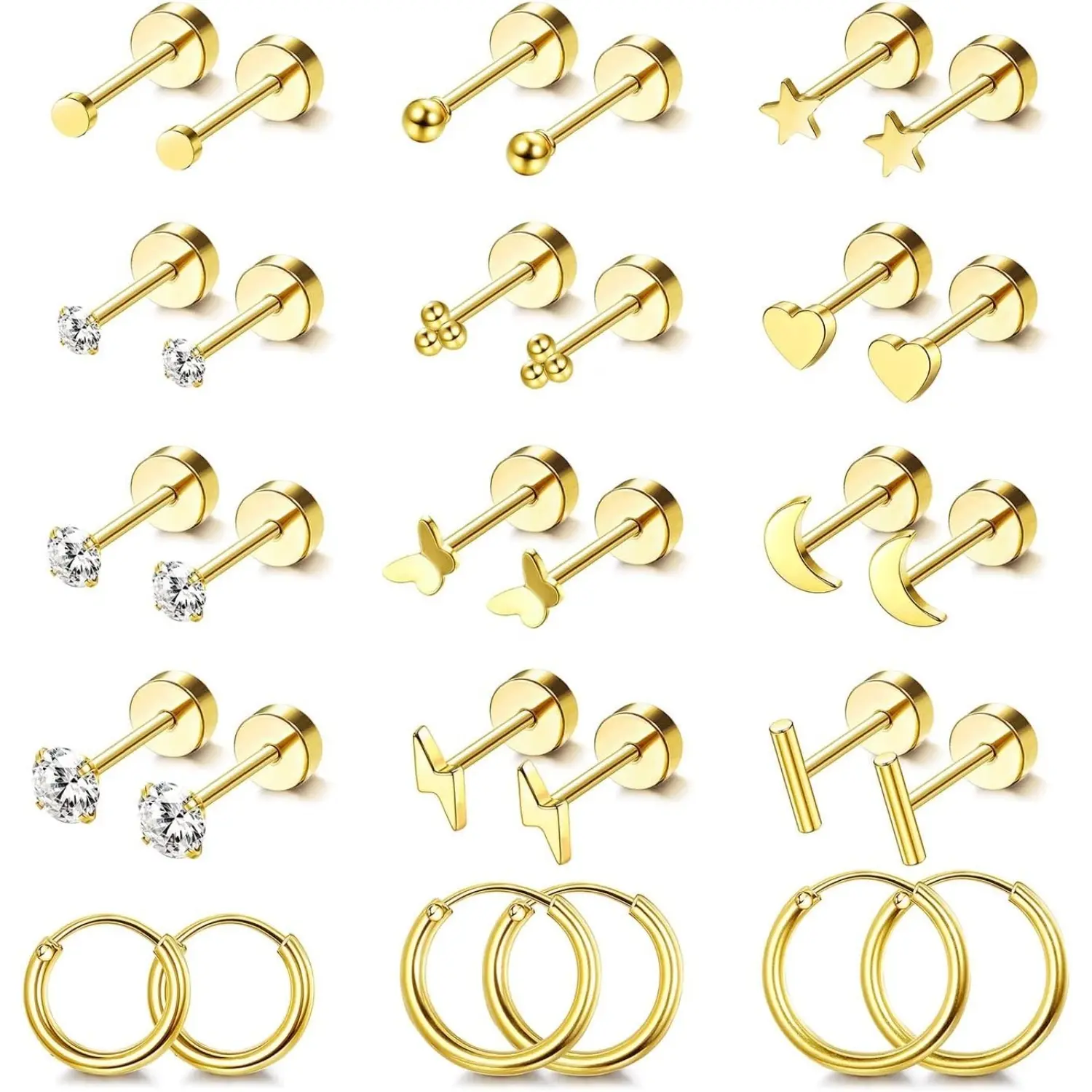 Jstyle Women's Hypoallergenic Surgical Steel Ear Stud Earrings - Flat Back Screw Back, Anti-Rust Steel, Dainty Small Earrings for Sensitive Ears, Allergy-Free Costume Jewelry Hoops, Flat Back Earrings