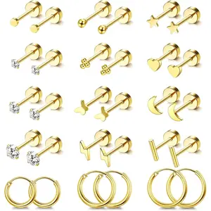 Jstyle Hypoallergenic Surgical Steel Earrings for Sensitive Ears Flat Back Stud Earrings for Women Small Stainless Steel Stud Hoop Screw Back Cartilage Earring Set for Multiple Piercing