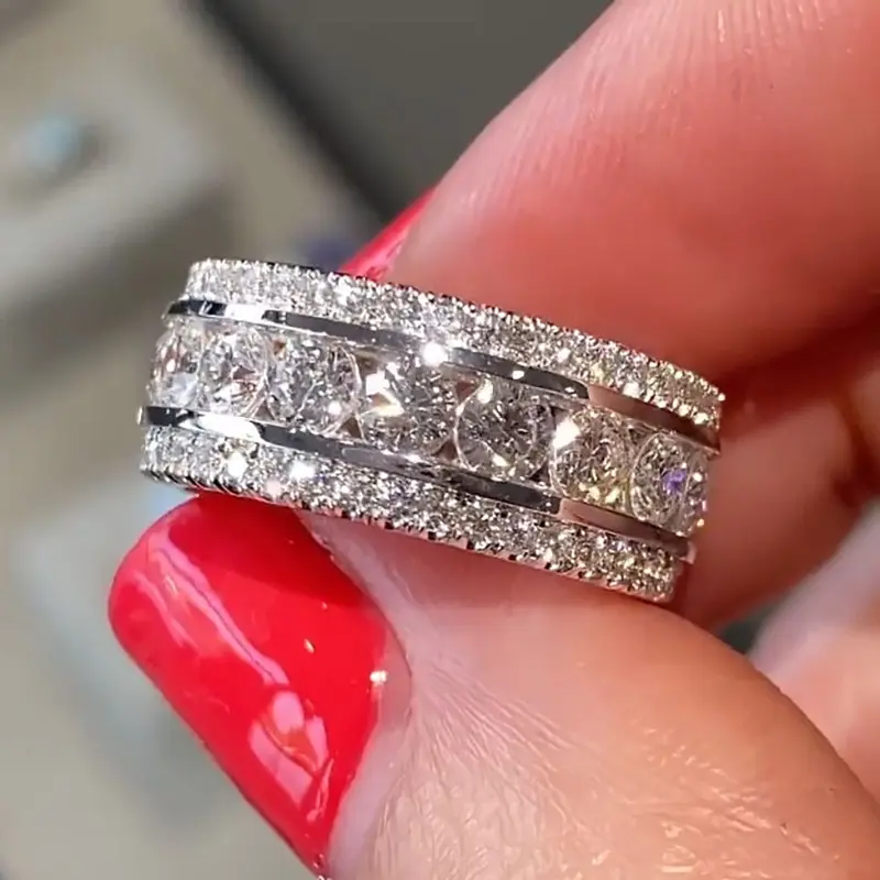 Cubic Zirconia Ring for Women, Glamorous Wide Band with Micro Pave Shine, Eternity Jewelry for Anniversary & Wedding, Cubic Zirconia Rings