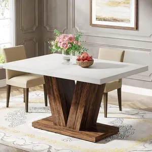 Tribesigns 47-Inch Dining Table, Farmhouse Wooden Table for Dining Room, White & Brown Pedestal Design