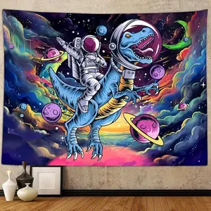 1pc, 60x51 Inch, Humorous Space Astronaut Dinosaur Tapestry - Vibrant Cosmic Planets & Stars Design, Perfect for Man Cave, Bedroom, or College Dorm Decor, Polyester Wall Hanging with Durable Velvet Finish, Dorm Room Decor | Cosmic Tapestry
