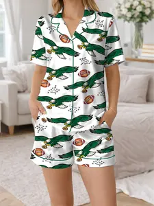 Women’s Eagles Football Print Pajama Set, Short-Sleeved Sleepwear for All Seasons Button Front Pockets Comfortable