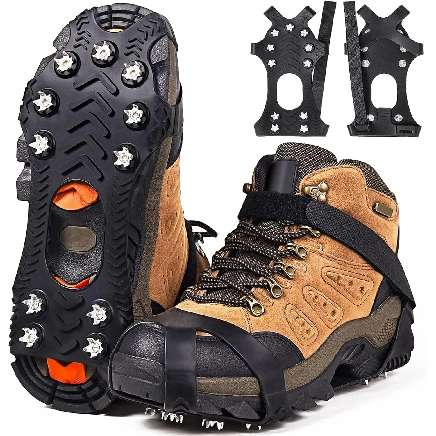 Crampons, Ice Cleats for Shoes and Boots,  Stainless Steel Grippers Shoe Spikes Grips Traction for Ice Snow, Winter Hiking Climbing Ice Fishing