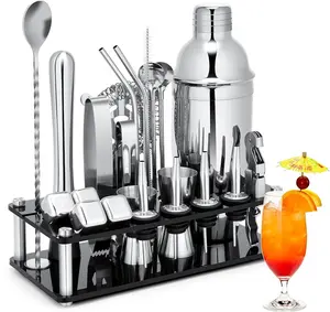Cocktail Shaker Set, 23-Piece Stainless Steel Bartender Kit with Acrylic Stand & Cocktail Recipes Booklet, Professional Bar Tools for Drink Mixing, Home, Bar, Party (Include 4 Whiskey Stones) Utensils Cup