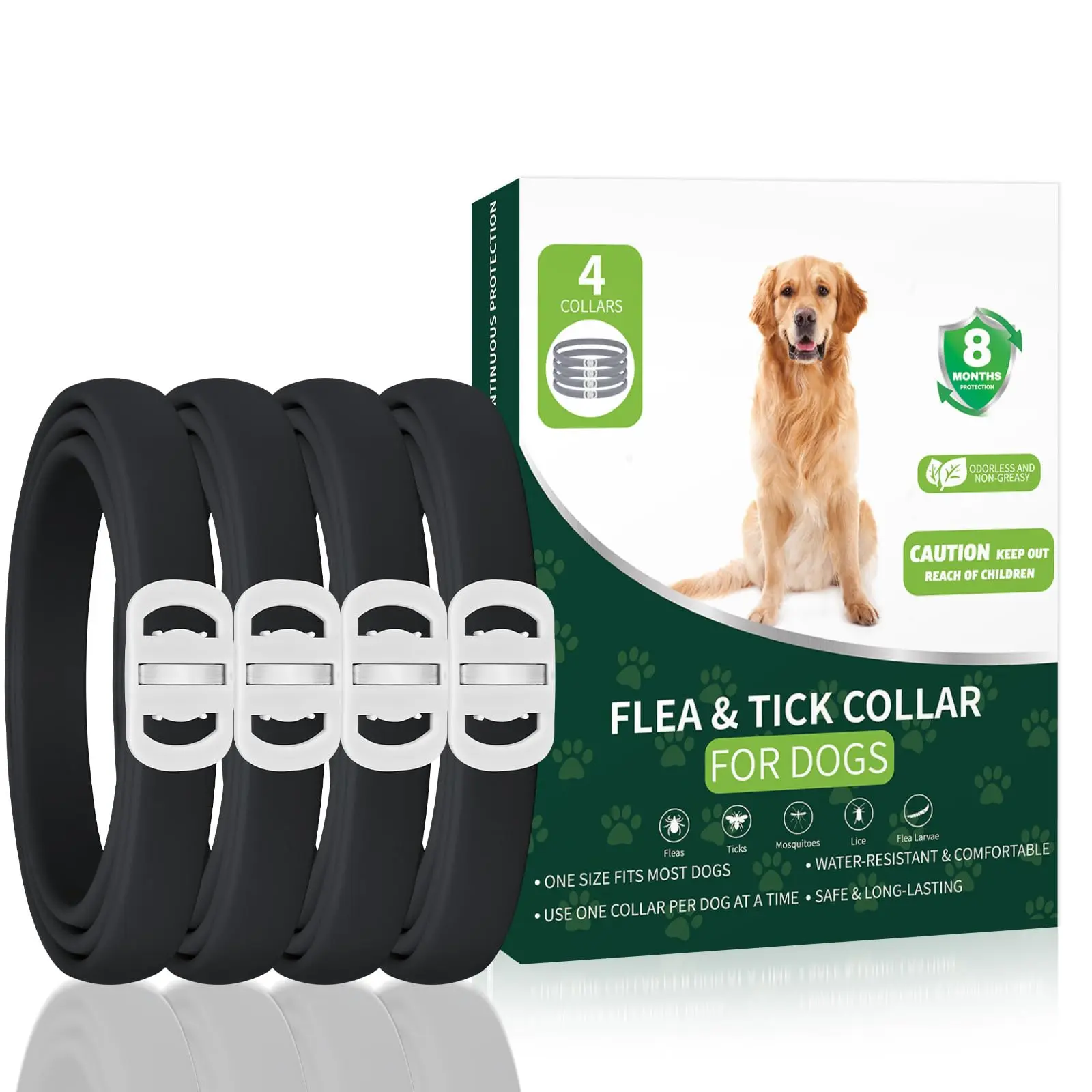 Flea and Tick Prevention for Dogs, 4 Pack Flea Collar for Dogs, Dog Flea and Tick Treatment, 32 Months Protection, Waterproof, Adjustable Collar for Dog, One Size Fits All for All Breeds, Black