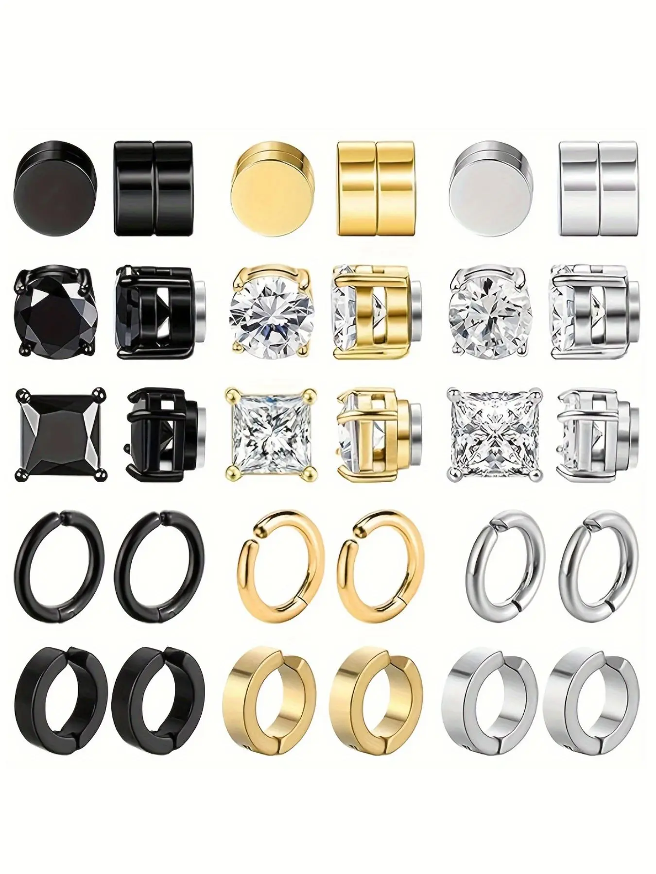15 Pairs Fashion Street Style Stainless Steel Magnetic Hoop Earrings, Ear Hoops, Earring Set, Non-Piercing Jewelry for Men and Women, Acupressure Patch