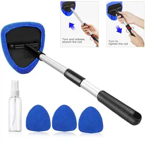 Car Windshield Cleaner Tool with Extendable Handle, Interior Window Cleaning Kit Including 3 Reusable Washable Microfiber Pads, Auto Glass Wiper Brush for Car, Home, Kitchen, Bathroom and Glass Surface Use, Dark Blue
