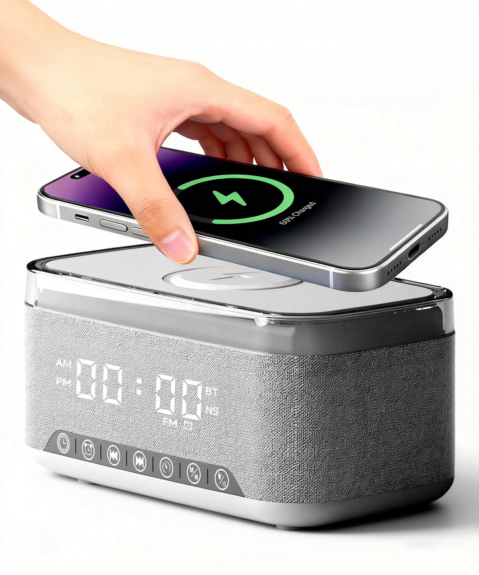 Smart Alarm Clock with 15W Fast Wireless Charging, Sound Machine, 10W Stereo Bluetooth Speaker, FM Radio, 12-Color Dimmable Night Light & Digital Display for Bedroom Decor