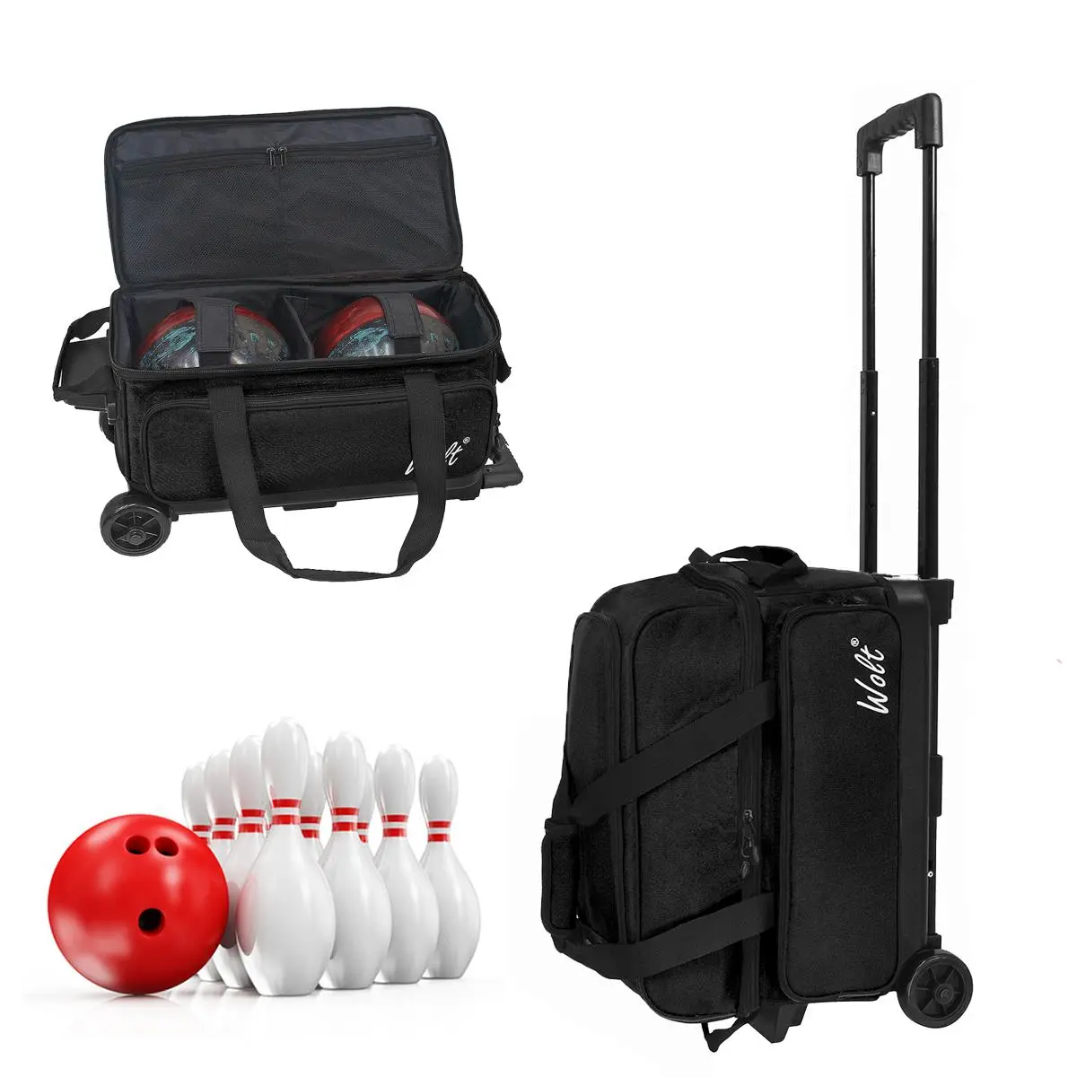 Wolt Practical Youth Polyester 2-Ball Bowling Roller Bag - 2 Smooth Sturdy Wheels, 40-in Retractable Telescoping Handle, Large Bowling Shoes Compartment, Padded Dividers, Protective Design, Breathable Vents, Synthetic, Bowling Balls
