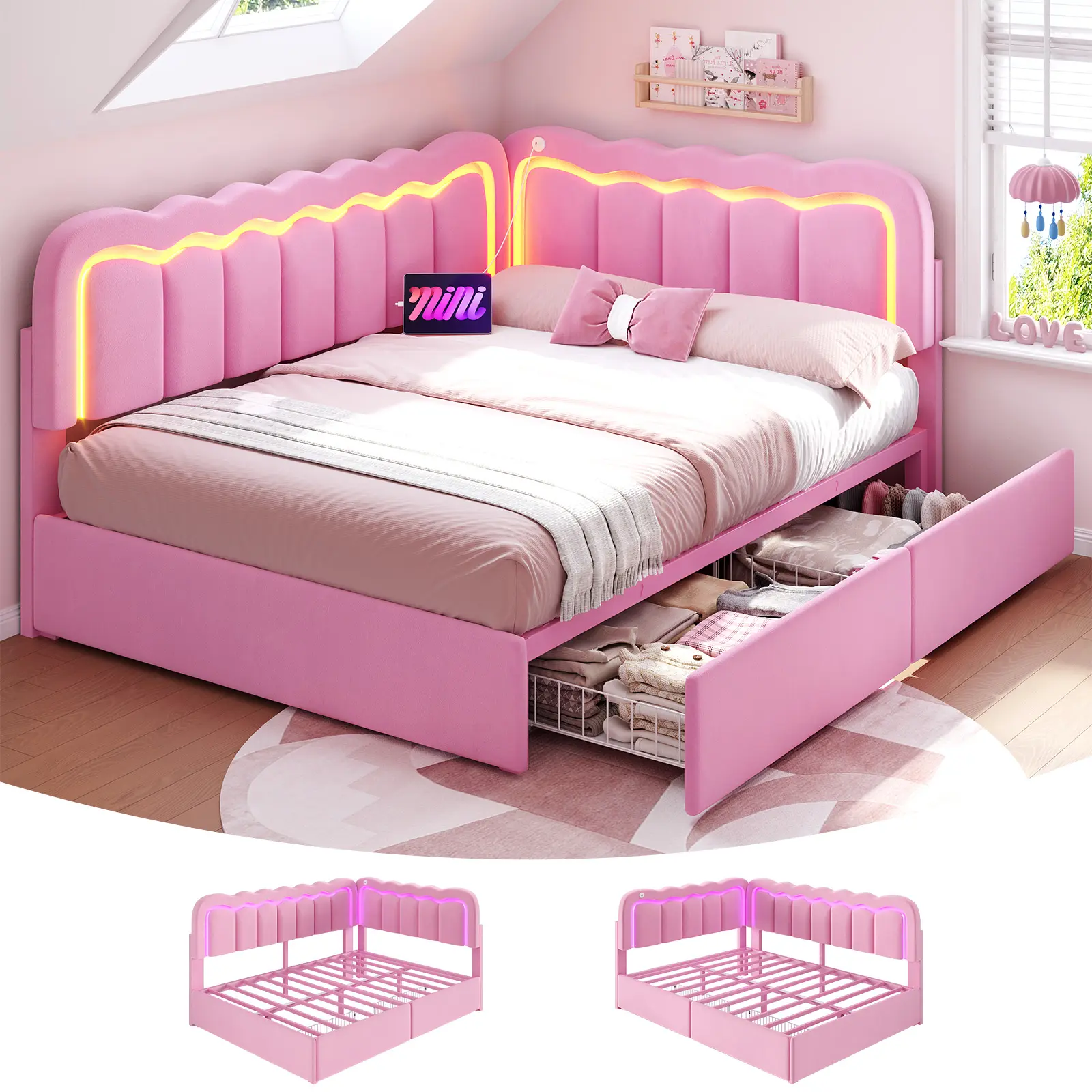 Hasuit Full Size L-Shaped Modern LED Bed Frame with Headboard - Velvet Upholstered, Corner Design, Storage Drawers, Power Outlets, Adjustable Wavy Headboard, Guardrails, RGB Light, Apartment Room Furniture, Girl Room Accessory