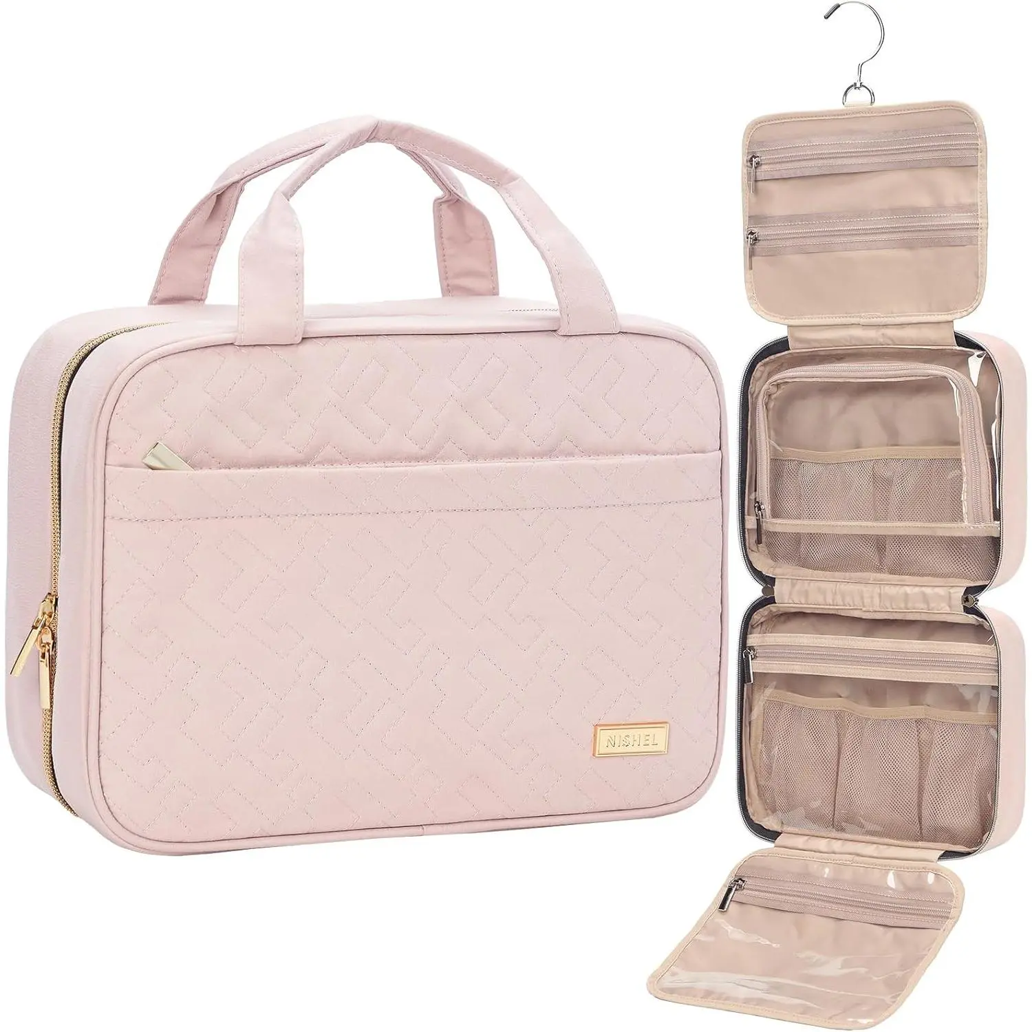 Women's Portable Hanging Toiletry Bag - Travel Must Haves for Travel-Sized Shampoo, Conditioner, Brush Sets, Makeup Accessories, Medium Size, Pink, Toiletries Travel Bag, Cosmetic Travel Bags