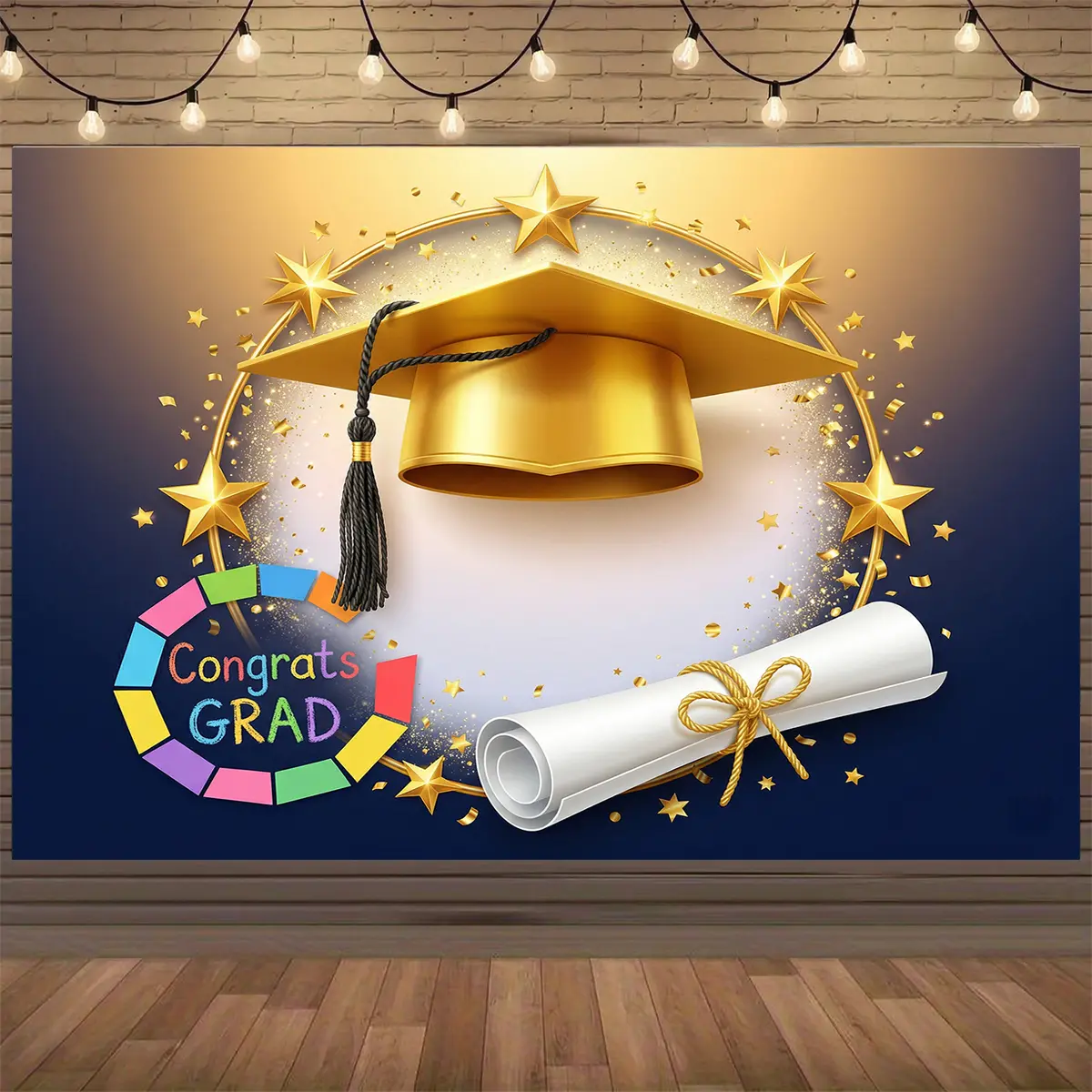Single Blue Class of 2026 Gold Graduation Backdrop Kit - Wrinkle Resistant, Durable Printed Polyester, Lightweight Hanging Room Decor, Photo Booth Wall for Wedding/Birthday, Indoor-Outdoor Festive Party Banner, Hanging Clips