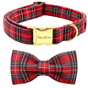 Unique Style Paws Adjustable Pet Collar with Bow Tie Christmas Design for Dogs and Cats S M L Premium Cotton Durable Metal Hardware