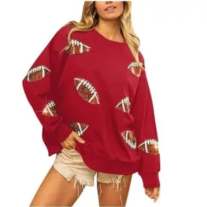Womens Sparkle Football Sequin Rugby Sweatshirt Game Day Crewneck Oversized Shirt Long Sleeve Fleece Pullover