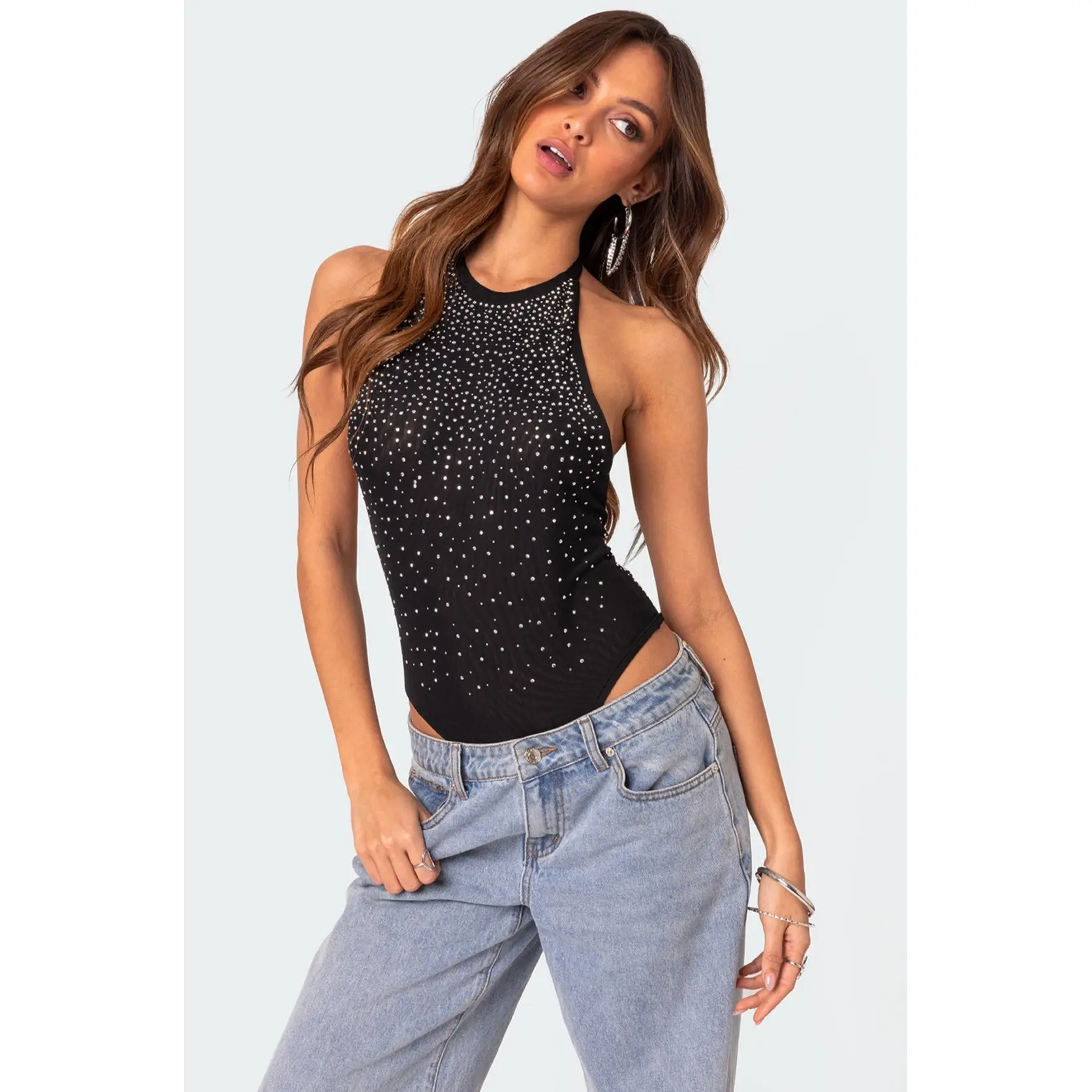 Open Back Mesh Rhinestone Bodysuit Open Back Mesh Rhinestone Bodysuit