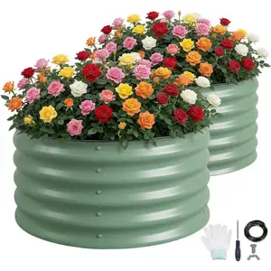 2 count Round Galvanized Raised Garden Bed Kit 24 x 12 Inch Metal Planter Box Outdoor with Safety Rubber Edge Trim Rust Proof Weather Resistant Circular Steel Garden Beds Sage Green 12 Inch Deep