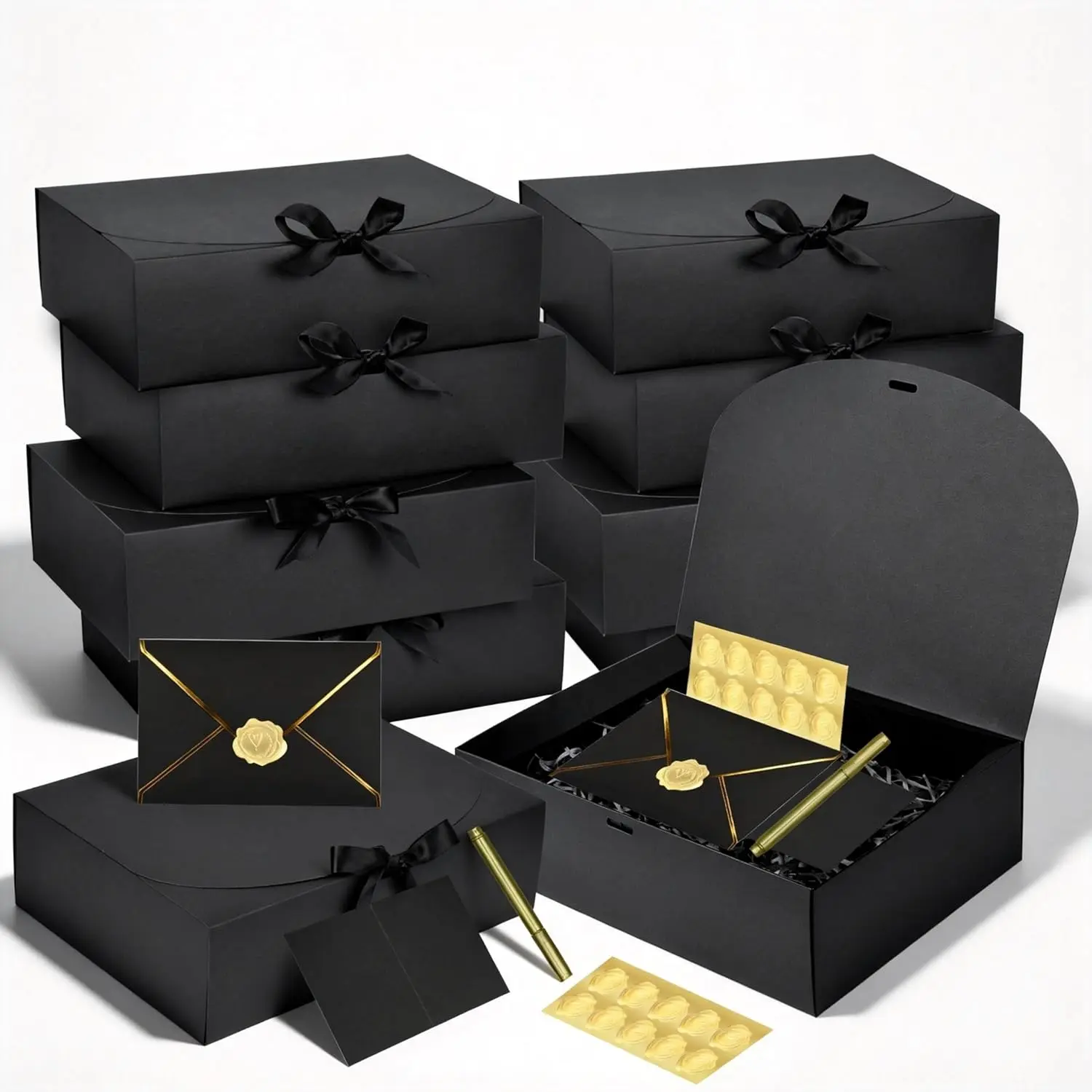 10 Pack Black  Boxes with , Elegant Bridesmaid Proposal Boxes with Cards, Envelopes, Stickers & Pen for Wedding, Groomsmen, Birthday and Mother's Day, 10.6 x 8 x 3.1 Inch