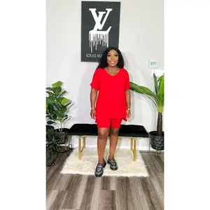 CUTTIE 2PC V-NECK LOUNGE SHORTS SET (Red)